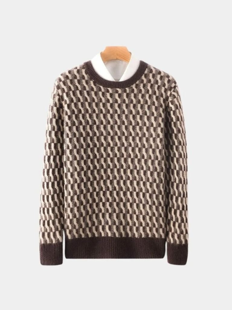 100% Wool Geometric Crew Neck Pullover Sweater - Cross & Crown