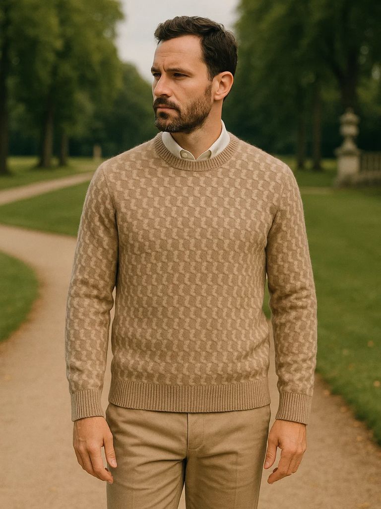 100% Wool Geometric Crew Neck Pullover Sweater - Cross & Crown