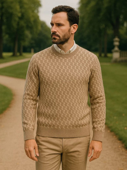 100% Wool Geometric Crew Neck Pullover Sweater - Cross & Crown