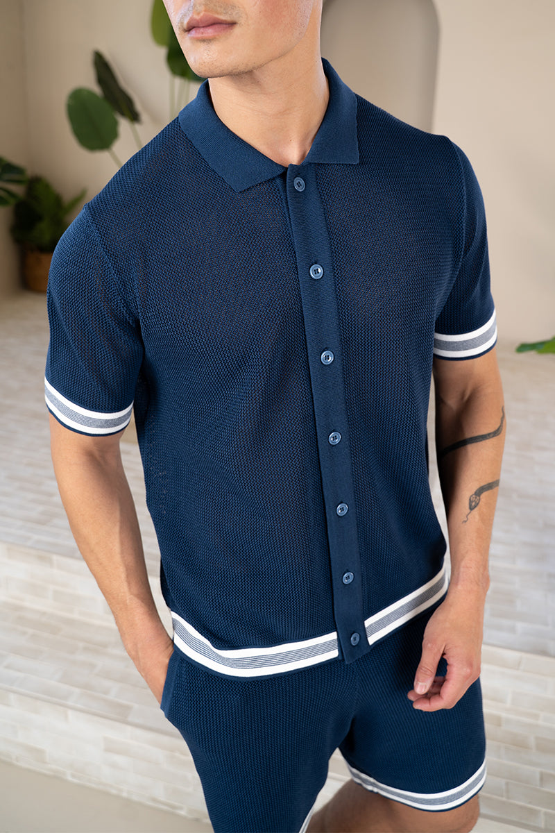 Mesh Tape Knitted Shirt - Navy