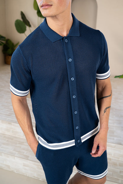 Mesh Tape Knitted Shirt - Navy