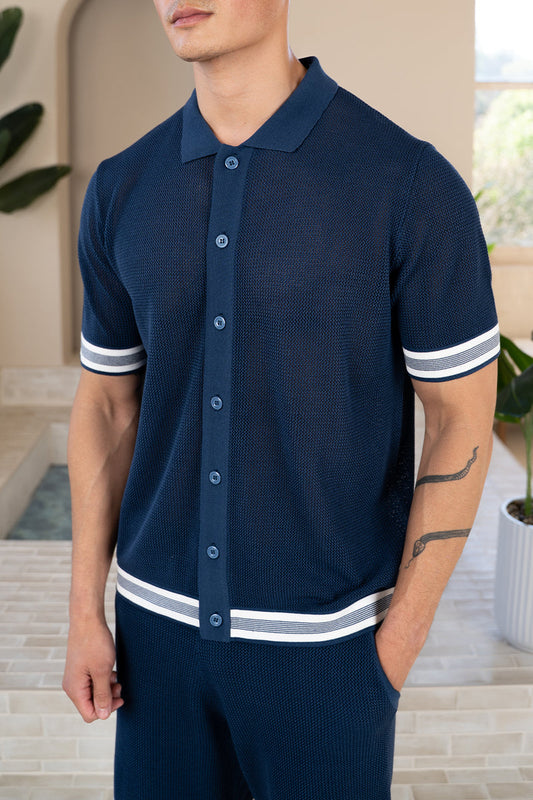 Mesh Tape Knitted Shirt - Navy