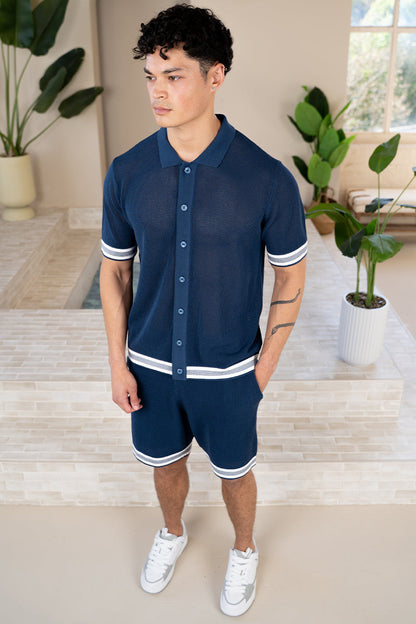 Mesh Tape Knitted Shirt - Navy
