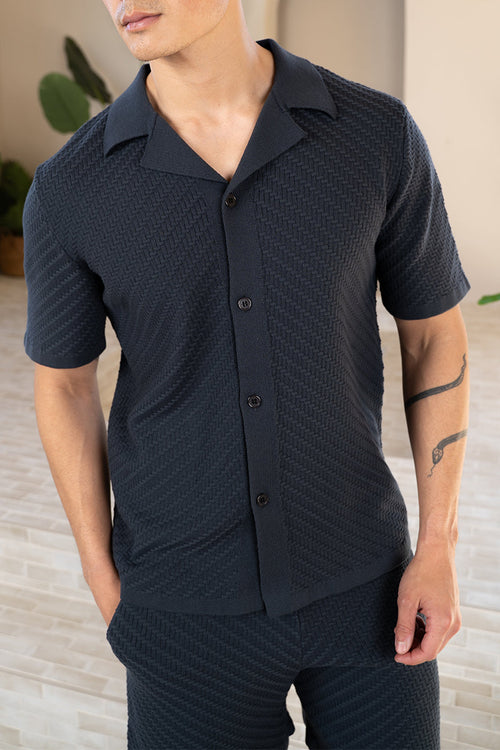 Herringbone Revere Collar Shirt - Charcoal