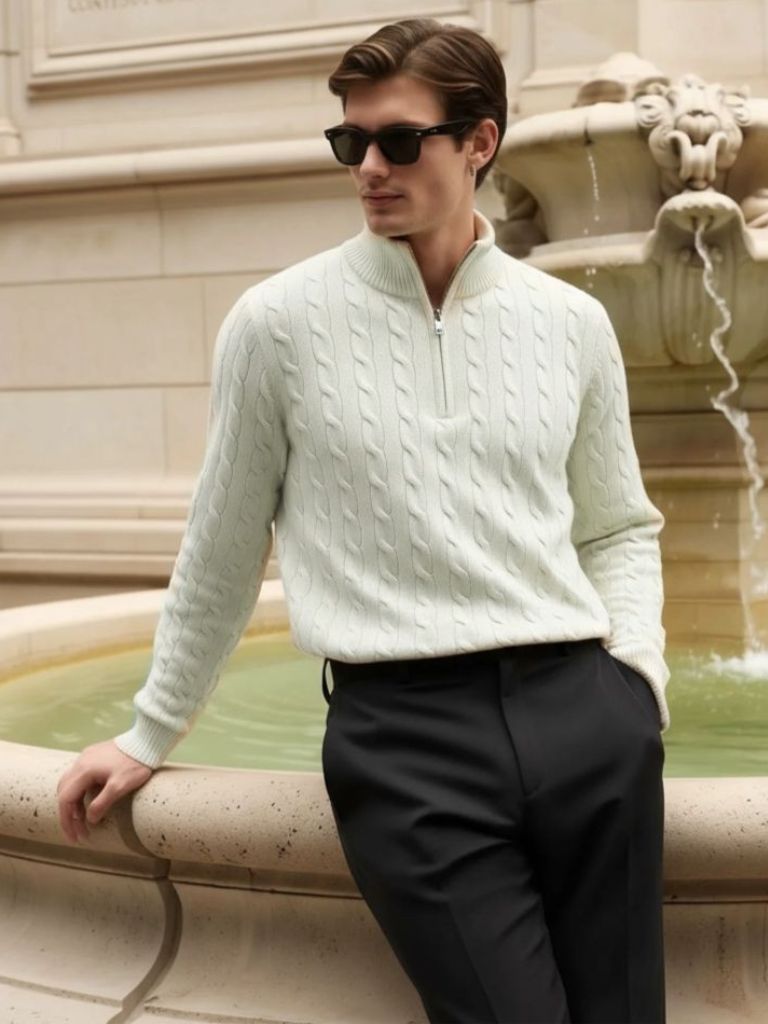 Premium Cable-Knit Zip Neck Sweater - Cross & Crown