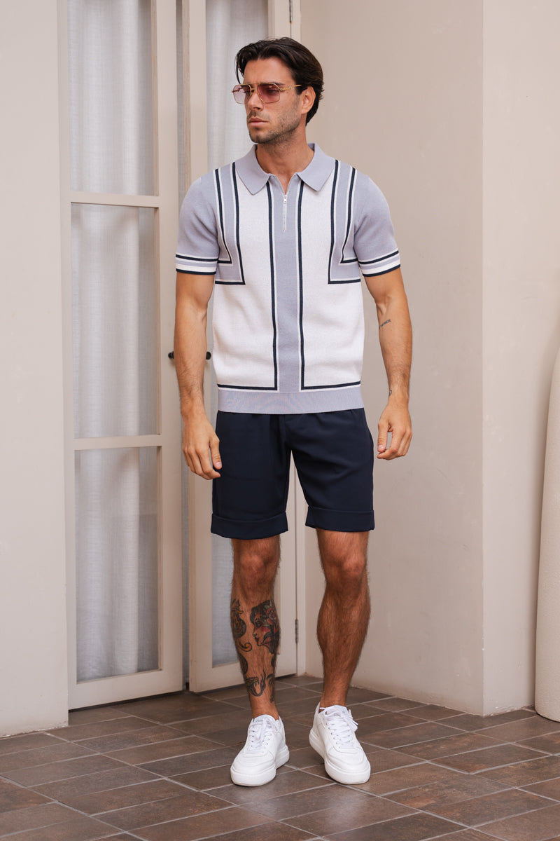 Geometric Quarter Zip Polo - Pale Blue