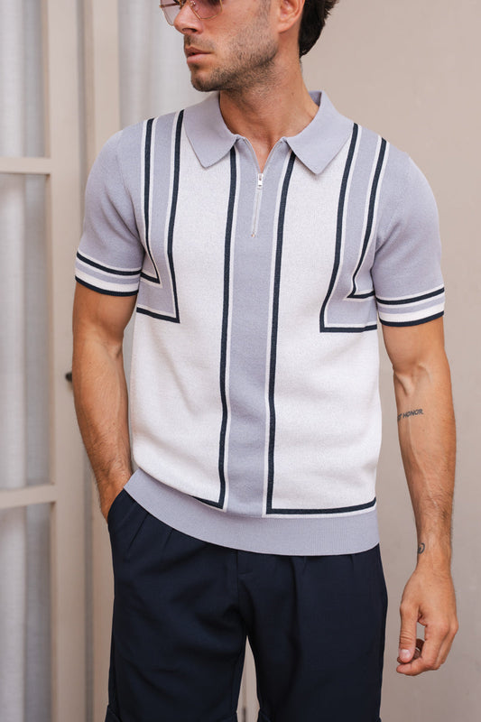 Geometric Quarter Zip Polo - Pale Blue