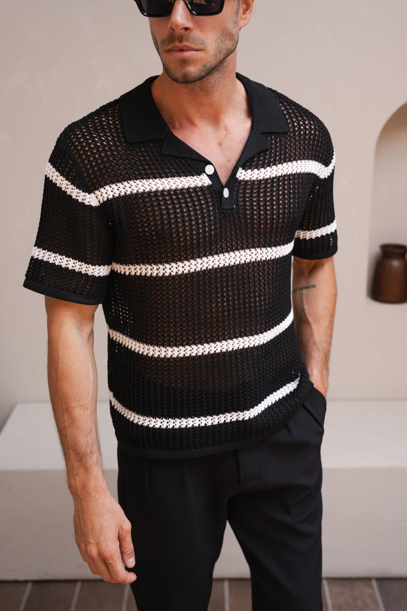 Knitted Stripe Revere Polo - Black