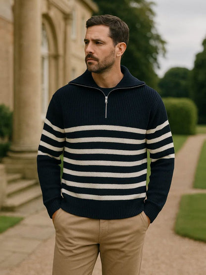Casual Striped Zip Up Sweater - Cross & Crown