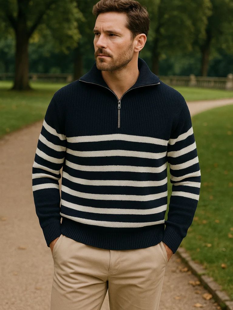 Casual Striped Zip Up Sweater - Cross & Crown
