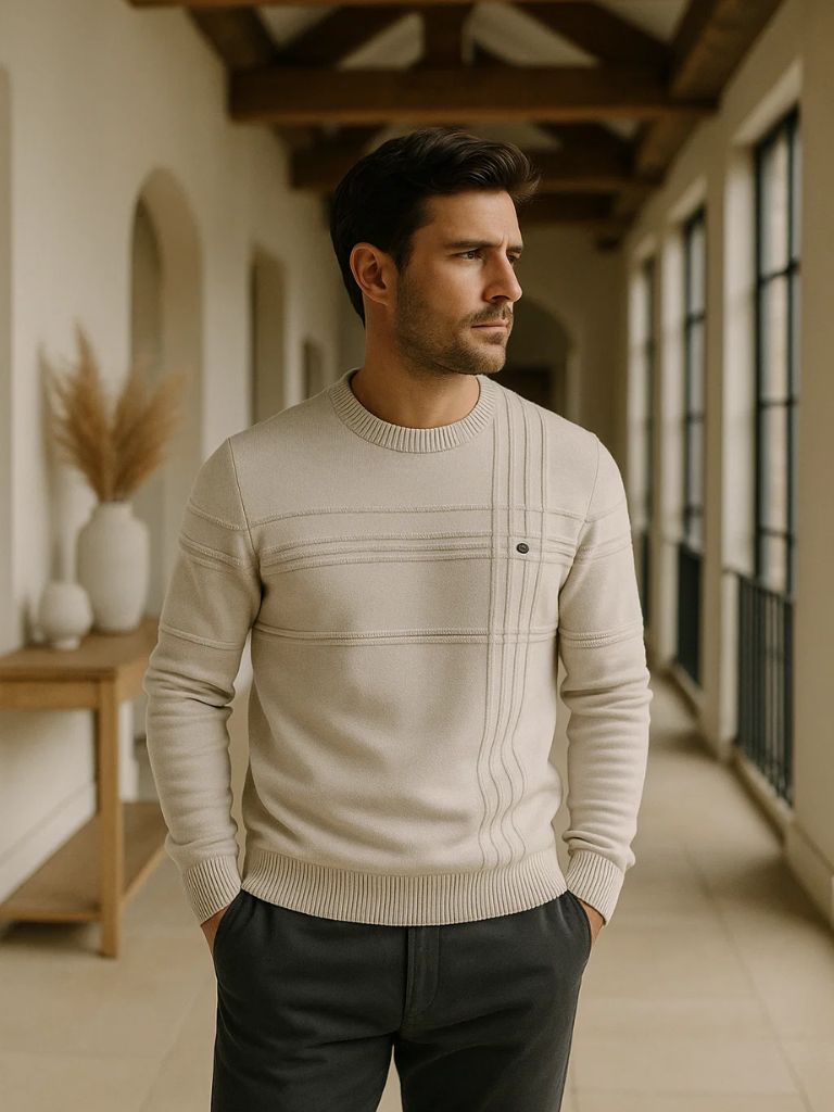 Cotton Knitted Stripped Crew Neck Pullover Sweater - Cross & Crown