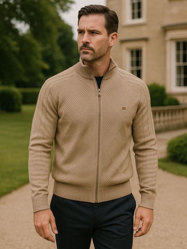 Knit Zipper Jacquard Solid Color Cardigan Sweater - Cross & Crown