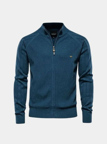 Knit Zipper Jacquard Solid Color Cardigan Sweater - Cross & Crown