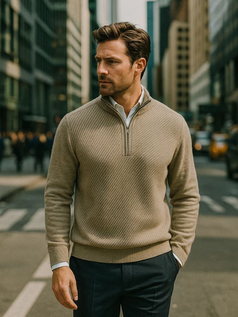 Stripe Quarter Zip Wool Sweater - Cross & Crown