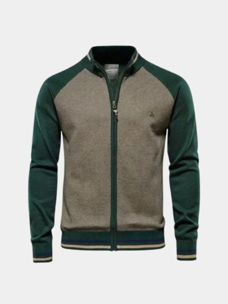 Zipper Color Block Standing Collar Cardigan Sweater - Cross & Crown