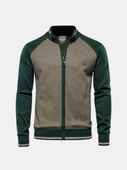 Zipper Color Block Standing Collar Cardigan Sweater - Cross & Crown