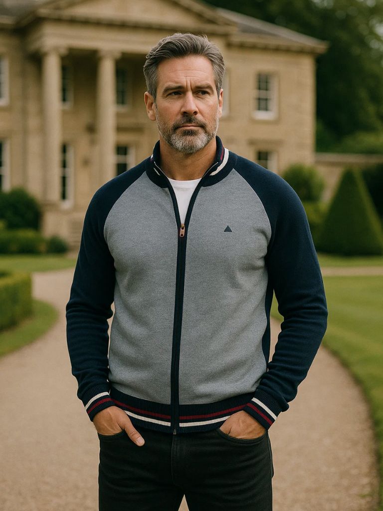 Zipper Color Block Standing Collar Cardigan Sweater - Cross & Crown