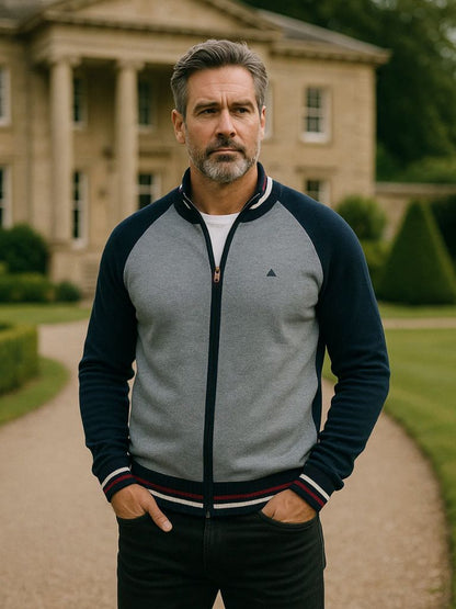 Zipper Color Block Standing Collar Cardigan Sweater - Cross & Crown