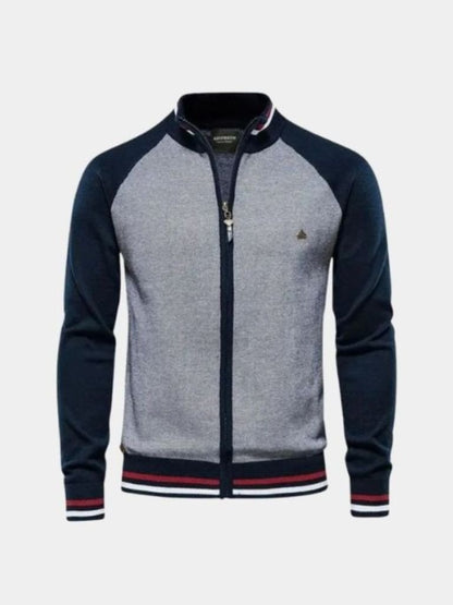 Zipper Color Block Standing Collar Cardigan Sweater - Cross & Crown