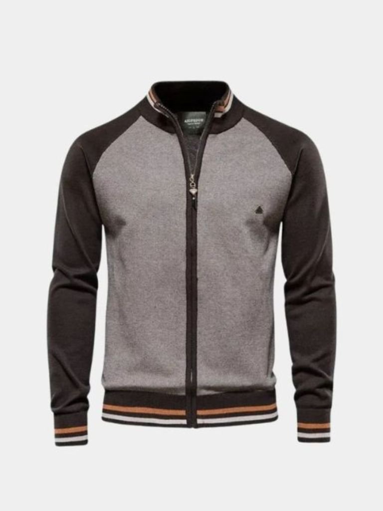 Zipper Color Block Standing Collar Cardigan Sweater - Cross & Crown